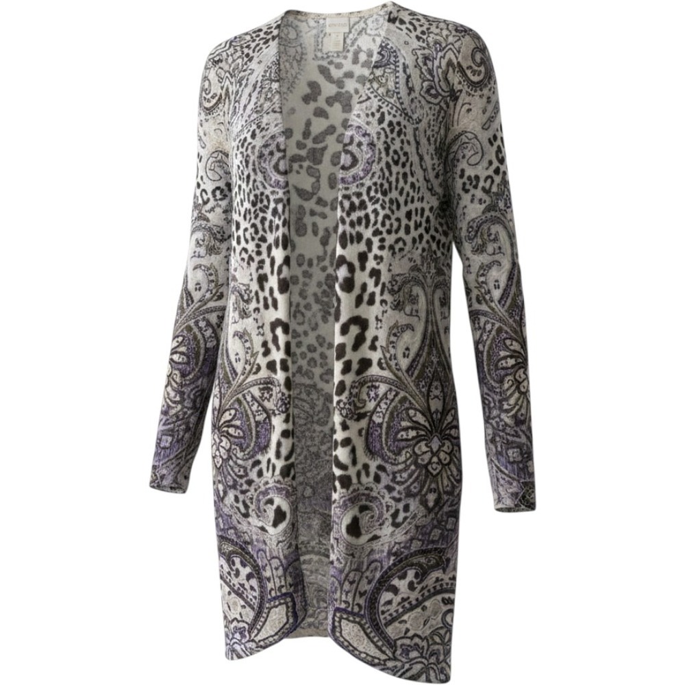 Chico's Animal Paisley Ashton Cardigan Sweater Purple Linen Cotton Size 2 L Chic